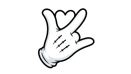 Fototapeta premium Cartoon Hand in White Glove Making Rock and Roll Gesture with Heart Outline and Stitches on Isolated White Background