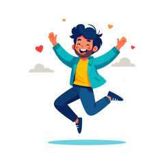 Joyful Young Man with Beard Jumps Happily with Raised Arms