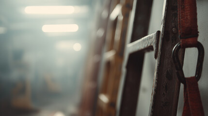 Industrial ladders stacked against a wall in a workspace with blurred details in the foreground