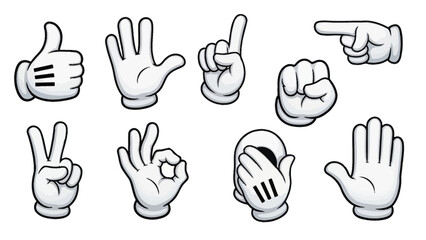 Fototapeta premium Comprehensive Set of Cartoon Hand Gestures Including Thumbs Up, Peace, OK, and Pointing, Isolated White Background