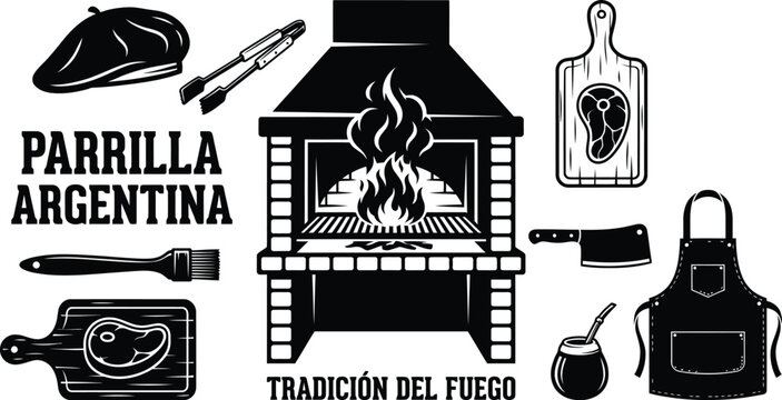 Argentinian steakhouse parrilla grill vector elements set