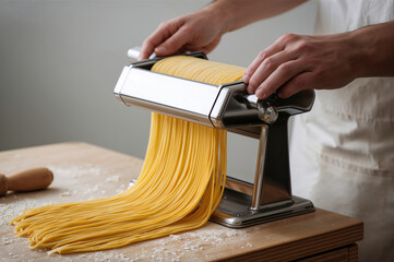 Pasta maker rolls fresh egg dough through manual machine with smooth repetition