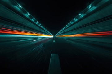 Cinematic night drive through modern European tunnel with neon reflections and motion