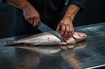 Fishmonger fillets whole fish with clean precise cuts on stainless work surface