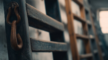 Industrial ladders stacked against a wall with blurred focus on front rung in workshop setting