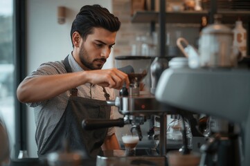 Barista adjusts coffee grinder settings before espresso extraction in modern cafe interior process