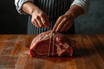 Butcher ties raw roast with twine on wooden counter in clean workspace realism