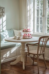 Cozy farmhouse breakfast nook with cupcakes and tea bathed in soft morning sunlight