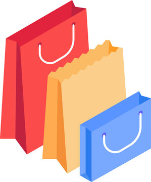 Colorful isometric shopping bags representing commerce and shopping