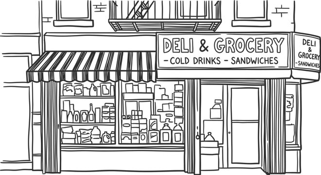 Bodega storefront in urban neighborhood city street vector illustration