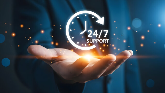 24/7 technical support and continuous customer service concept | Always available digital contact center and maintenance | Business reliability offering non-stop assistance around the clock | Global - Powered by Adobe