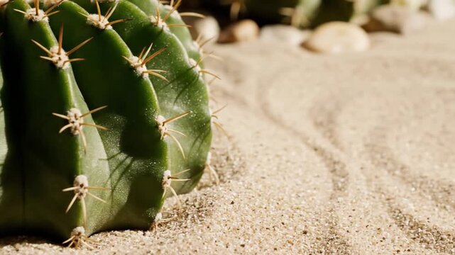 Meditative Still Life Of A Round Cactus On Rippled Sand With Smooth Stones