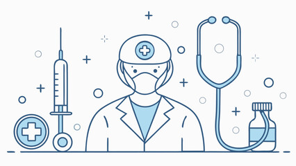 Medical professional wearing mask and protective gear with syringe and stethoscope