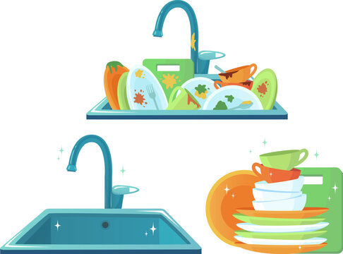Comparing kitchen sink dirty and clean dishware illustrations