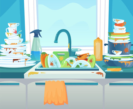 Kitchen sink overflowing with dirty dishes and cleaning supplies