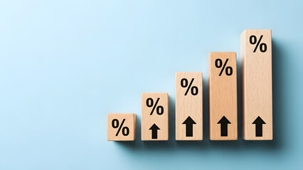 Rising percentage graph with up arrows symbolizing growth | Wooden blocks showing increasing interest rate hikes | Concept image for inflation and economic recovery statistics | Visualize successful 