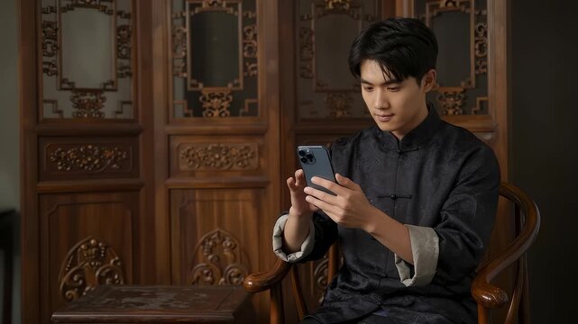 Young man in black Tang suit using smartphone indoors
