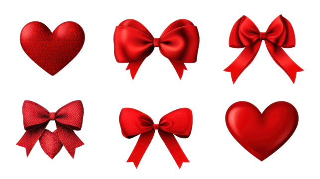 Red valentine hearts and bows, romantic love symbols, isolated on transparent background - Powered by Adobe