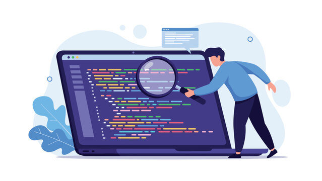 Web developer using a large magnifying glass to inspect lines of programming code on a laptop screen for debugging and analysis.