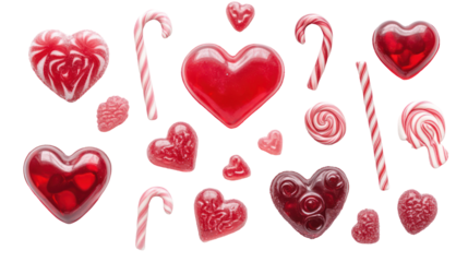 Valentine's day sweet treats: red hearts and candies on transparent background