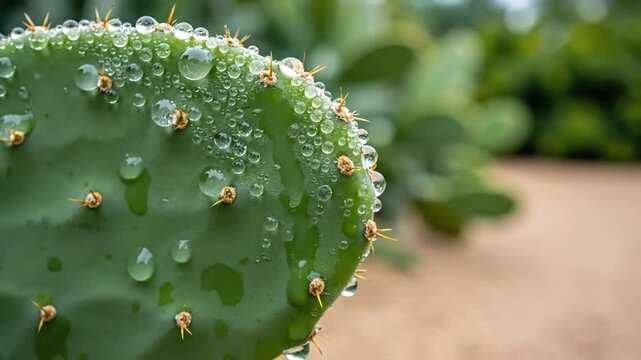 Mesmerizing Dew Drops Adorning Prickly Pear Cactus Pad In Refreshing Natural Environment