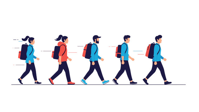 Row of diverse people wearing casual clothes and backpacks walking together in a line across a plain white background.