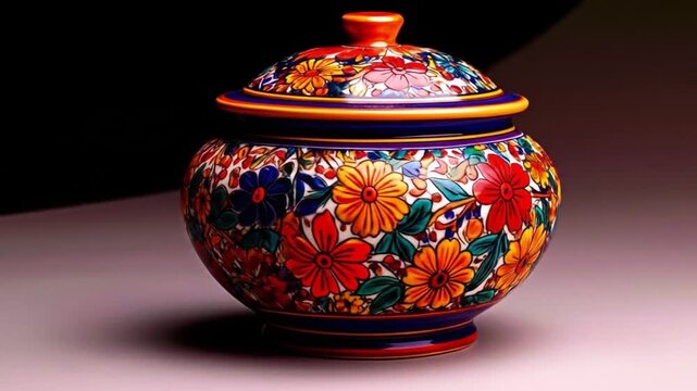 Decorated ceramic jar with lid displaying floral patterns and warm tones