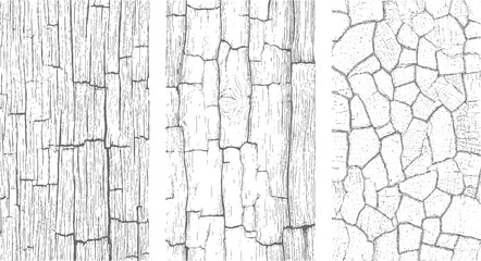 Three monochrome line textures arranged horizontally depicting rough cracked wood surfaces with varied crack patterns and a detailed geometric stone texture