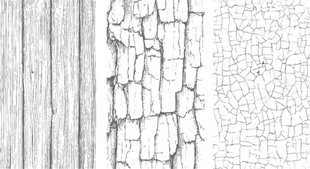 Three monochrome line textures presented side by side featuring vertical wood grain, rough cracked bark, and a fine web of cracks in a repeating pattern