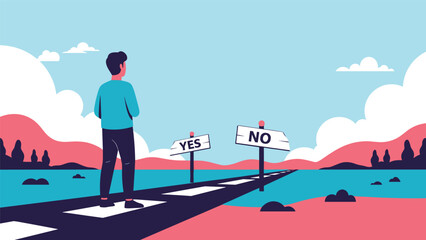Young man standing at a road fork with Yes and No signposts while making a difficult decision about his future career path.