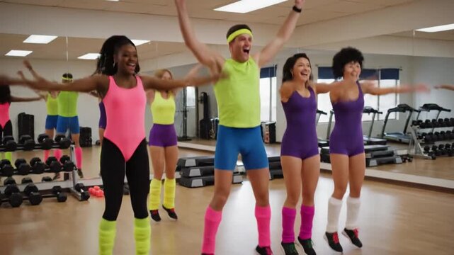80s Aerobics Class, Retro Fitness, People Exercising In Neon Outfits