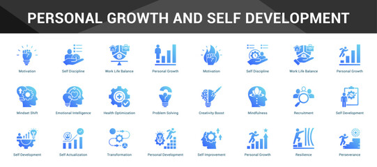 Personal Growth And Self Development Cohesive set of minimalist vector icons representing key ideas with visual clarity