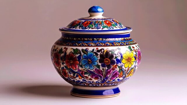 Decorated ceramic jar with lid floral pattern isolated on neutral background