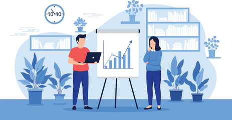Business performance presentation illustration with team analyzing growth chart in modern office workspace vector designBusiness performance presentation illustration with 