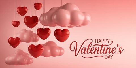 Happy valentines day greeting card with floating hearts and clouds on pink background