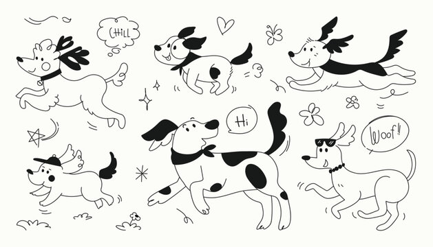 Hand drawn of playful dogs.Set of flat doodle cartoon vector illustration.