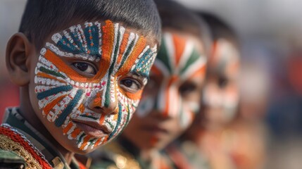 Children painting tricolor patterns on their faces for 26 January Majestic camels of the Border Security Force marching in formation