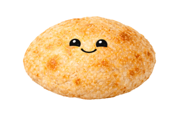 A smiling rice ball with a happy face on a black background