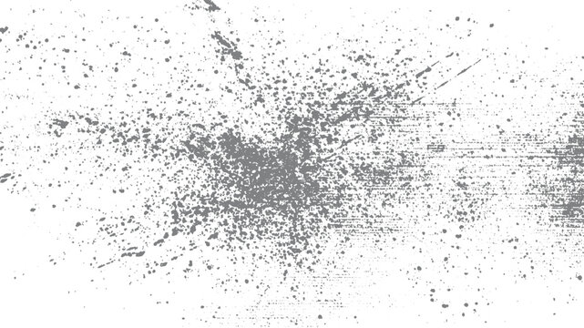 Chaotic abstract grunge splatter texture with dense gray speckles and paint splashes creating a dynamic distressed background effect in monochrome