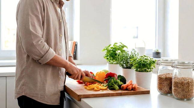 Man preparing healthy meal with fresh vegetables in modern kitchen