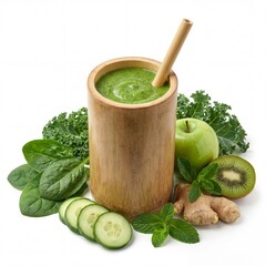 Green smoothie in bamboo cup with fresh ingredients