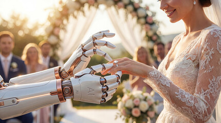 Human woman marrying android at future wedding ceremony
