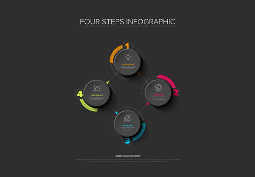 Four Steps Business Infographic Template with Circular Icons on Dark Background
