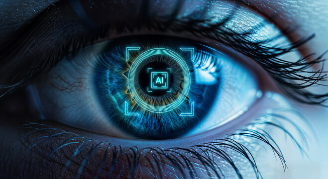 Futuristic cybernetic human eye with AI digital interface iris scan representing biometric identification, augmented reality, facial recognition, and artificial intelligence security systems - Powered by Adobe