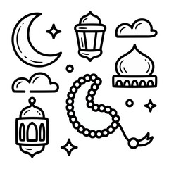 Islamic Art Elements: An artistic illustration features symbolic icons like crescent moon, star, lamp and dome, expressing faith and cultural heritage.