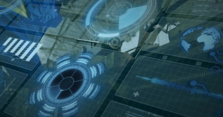 Projecting clear panels in control center, showing circular HUDs, globe, reflecting operator blazer