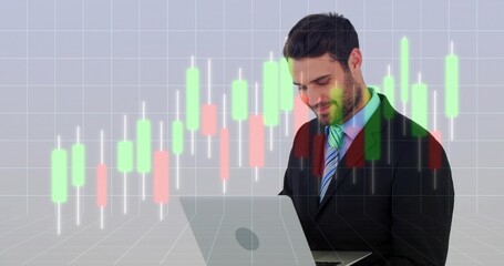 Male businessman analyzing financial data on laptop in office, with candlestick chart, suit and tie