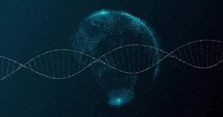 Displaying stylized DNA helix spanning digital art, with particle globe and faint ticks