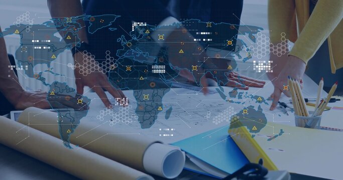 Leaning colleagues in suit and yellow sweater over blueprint on table, with map overlay - Powered by Adobe