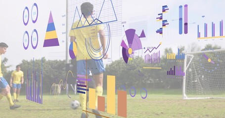 Controlling center player walking on grassy field with soccer ball, yellow kit and data overlays